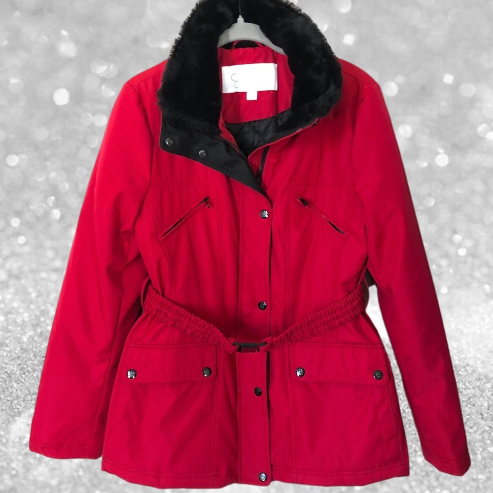 Jessica Simpson Ski Puffer Jacket Black Faux Fur Collar in Medium, Red